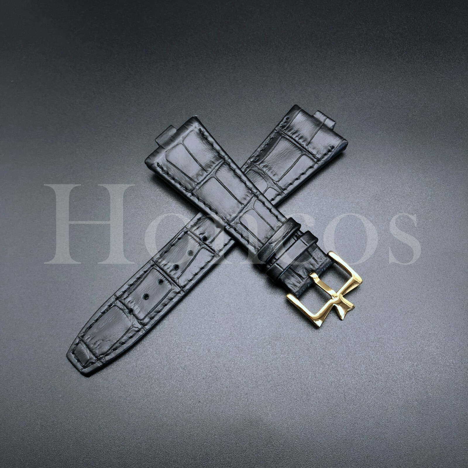 26X18MM Black Genuine Leather Watch Strap Band Fits For VC Overseas Gold Buckle