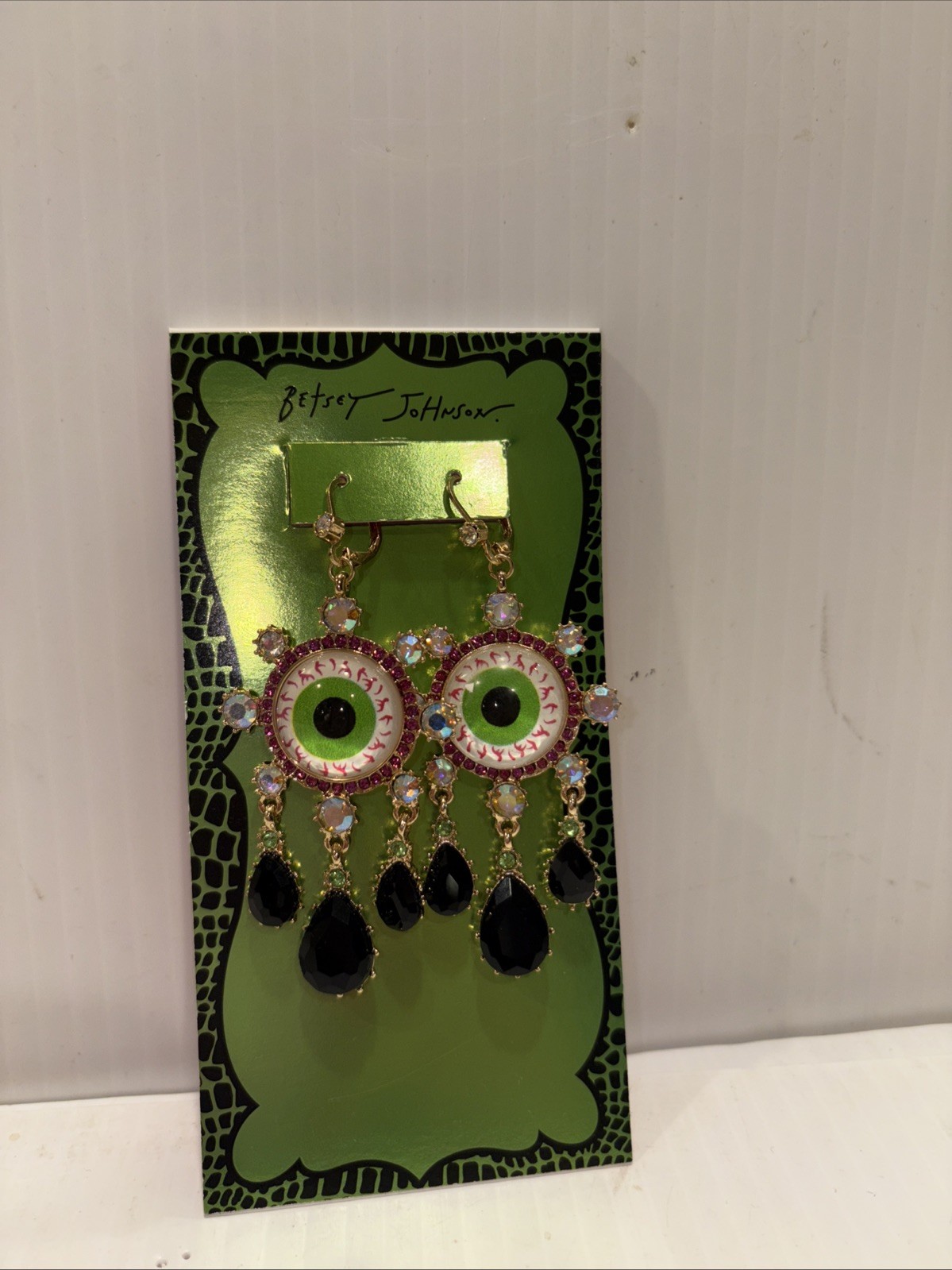 BETSEY JOHNSON DANGLE DROP EYEBALLS EARRINGS W BLACK CRYSTAL TEARS MULTI COLOR