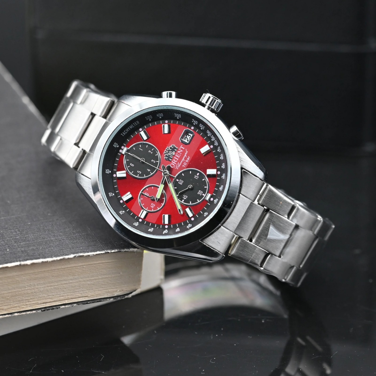 Orient Men’s Chronograph Wristwatch 100M Waterproof Red Dial Sport Watch Mens