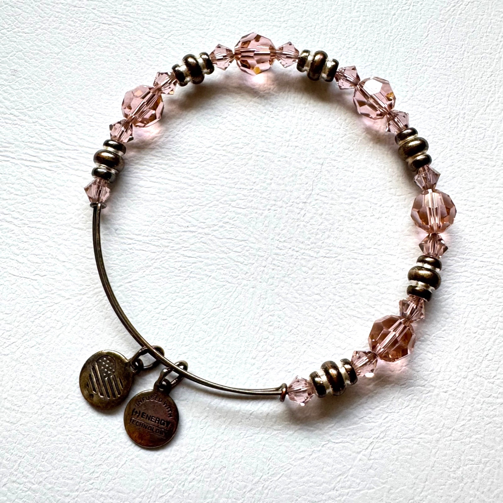 Alex and Ani Pink Crystal Beaded Bangle Bracelet Antique Silver Tone Finish
