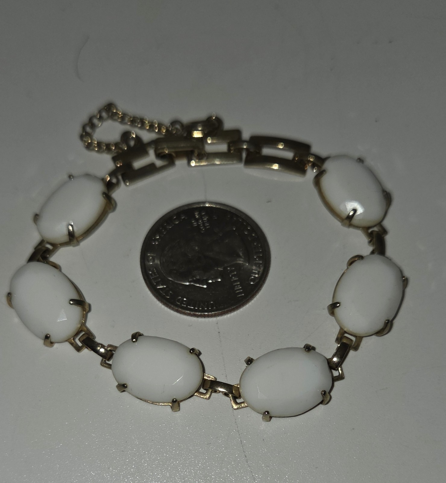 Vintage White Milk Glass Faceted Cabochon Bracelet Gold Tone with Safety Chain
