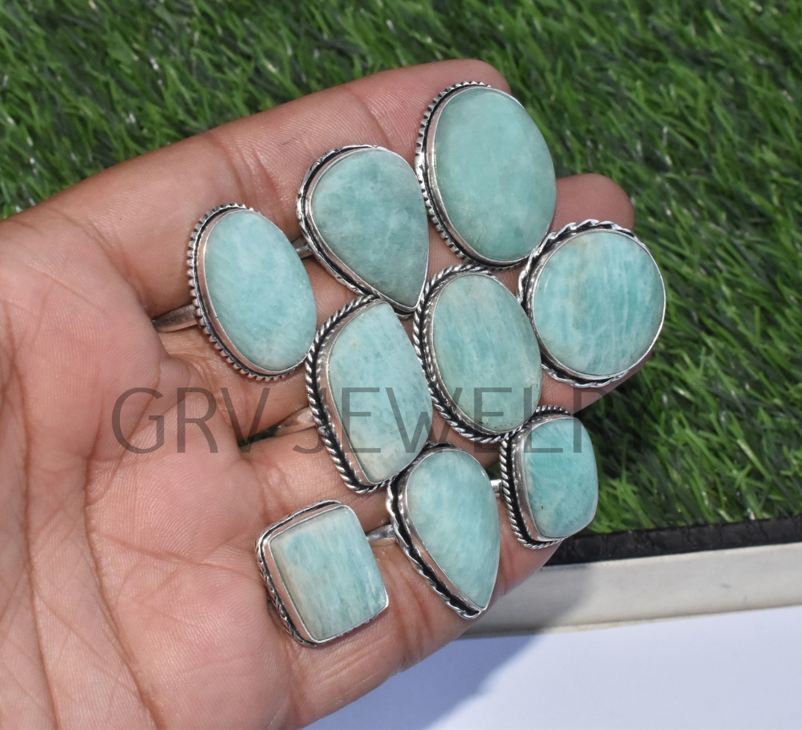 1-500 Pcs Natural Amazonite In Wholesale Gemstone Rings Lot: Silver Plated Whr-9
