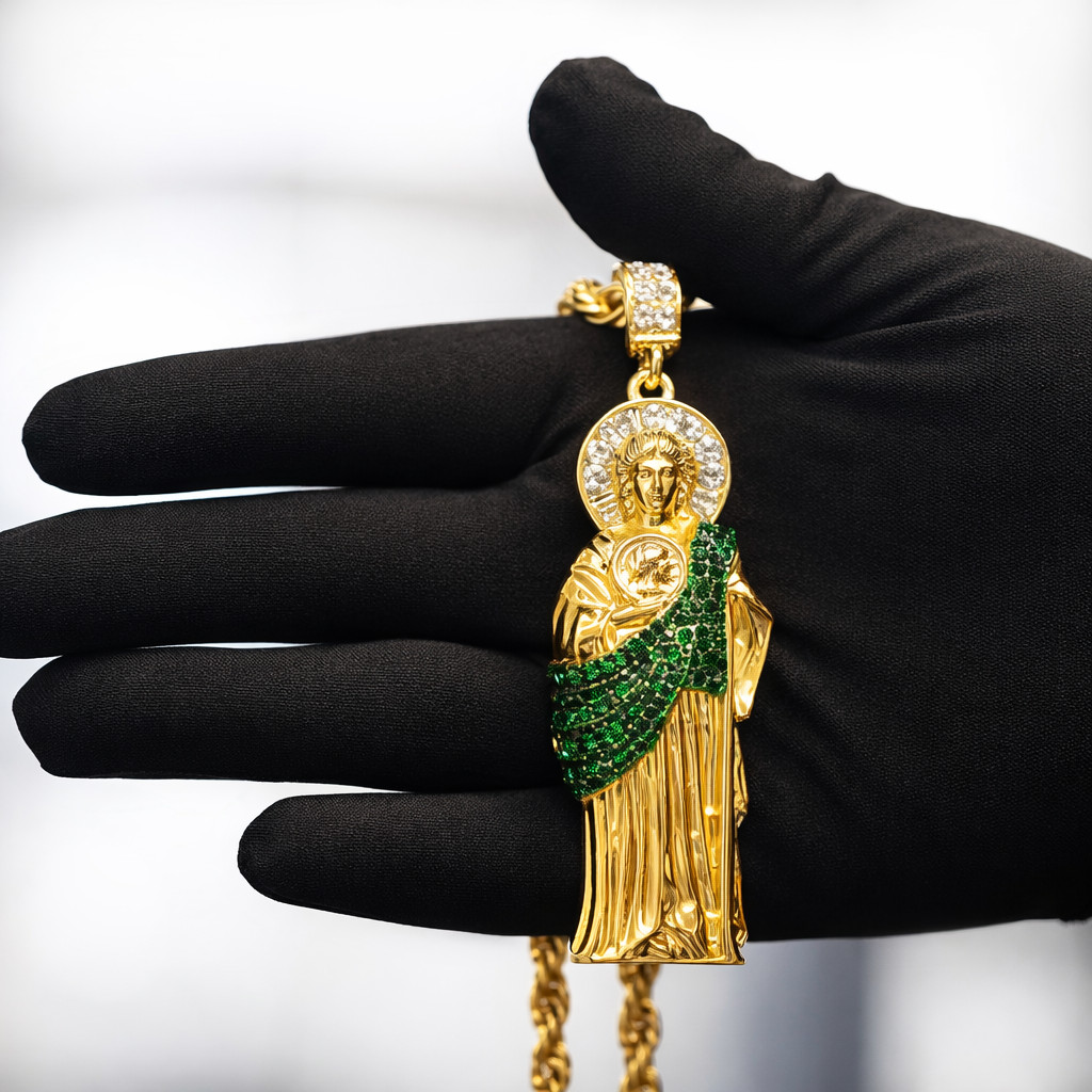 14K Gold Plated San Judas Pendant Necklace with Iced Out CZ, Rope Chain Large GR
