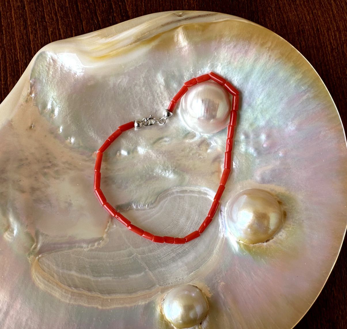 Bracciale a “cannette” di vero corallo rosso del mediterraneo e argento
