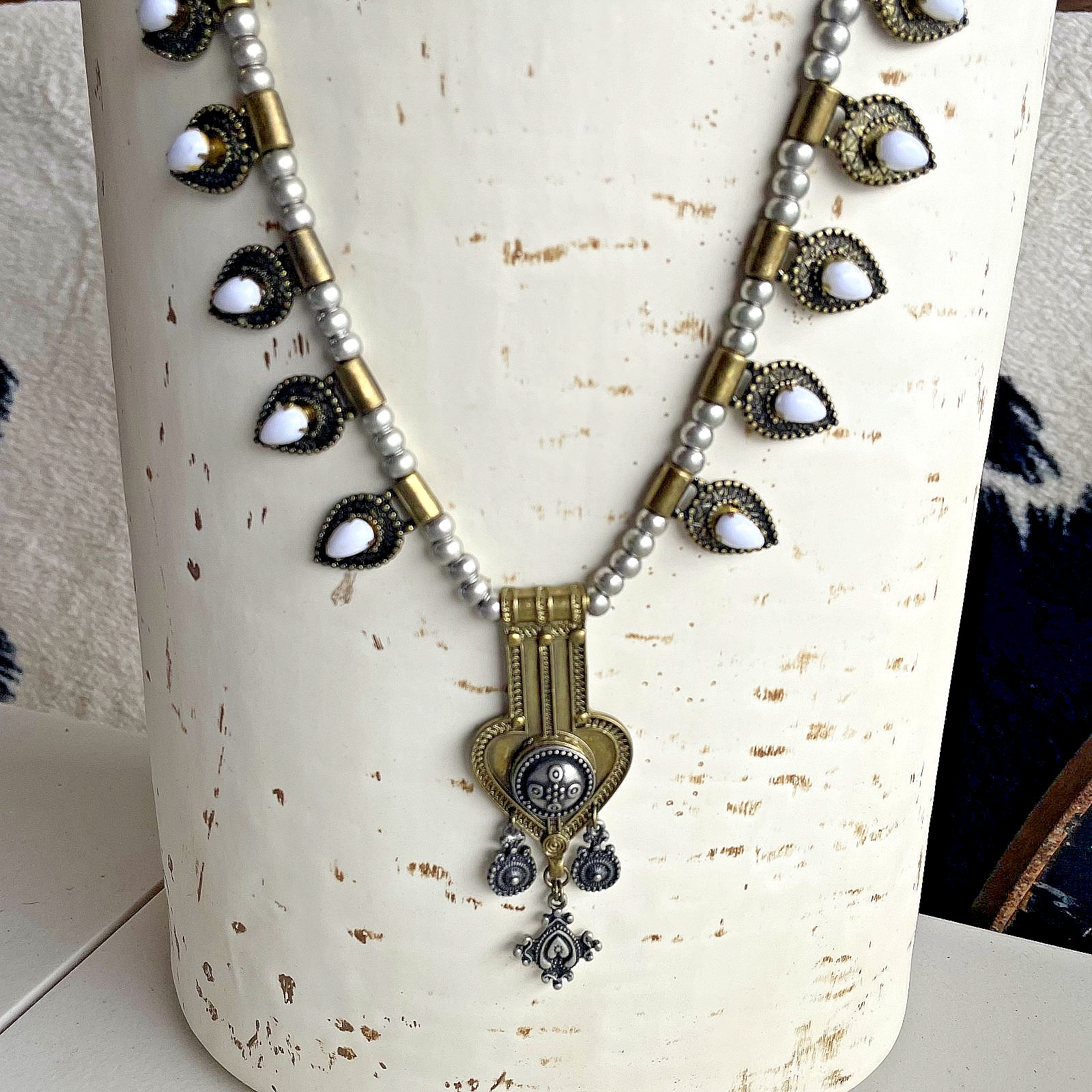 Vintage ELFE Italy White Resin Naja Squash Blossom Statement Pendant Necklace