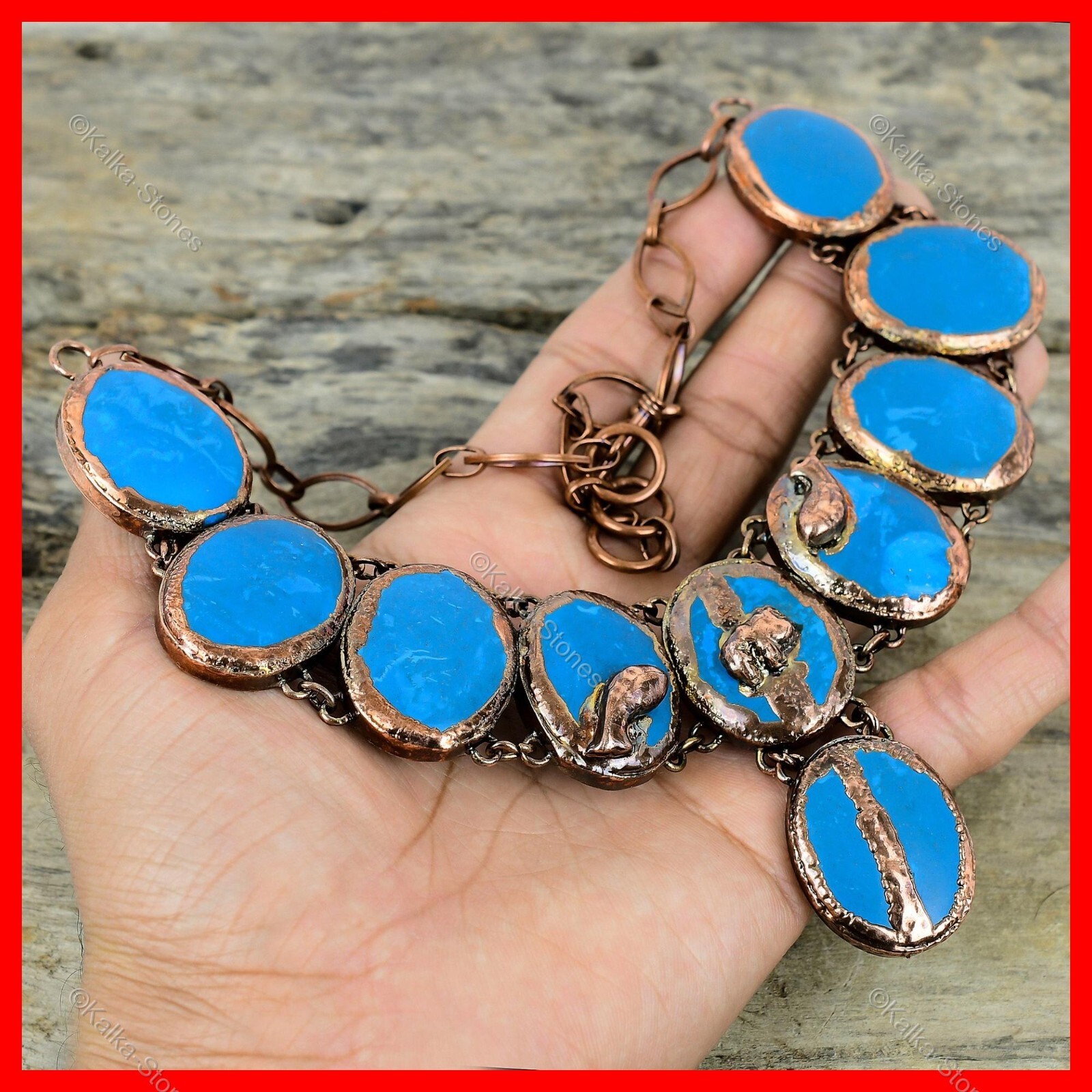Oval Sleeping Beauty Turquoise Stone Copper Electroformed Chain Necklace Jewelry