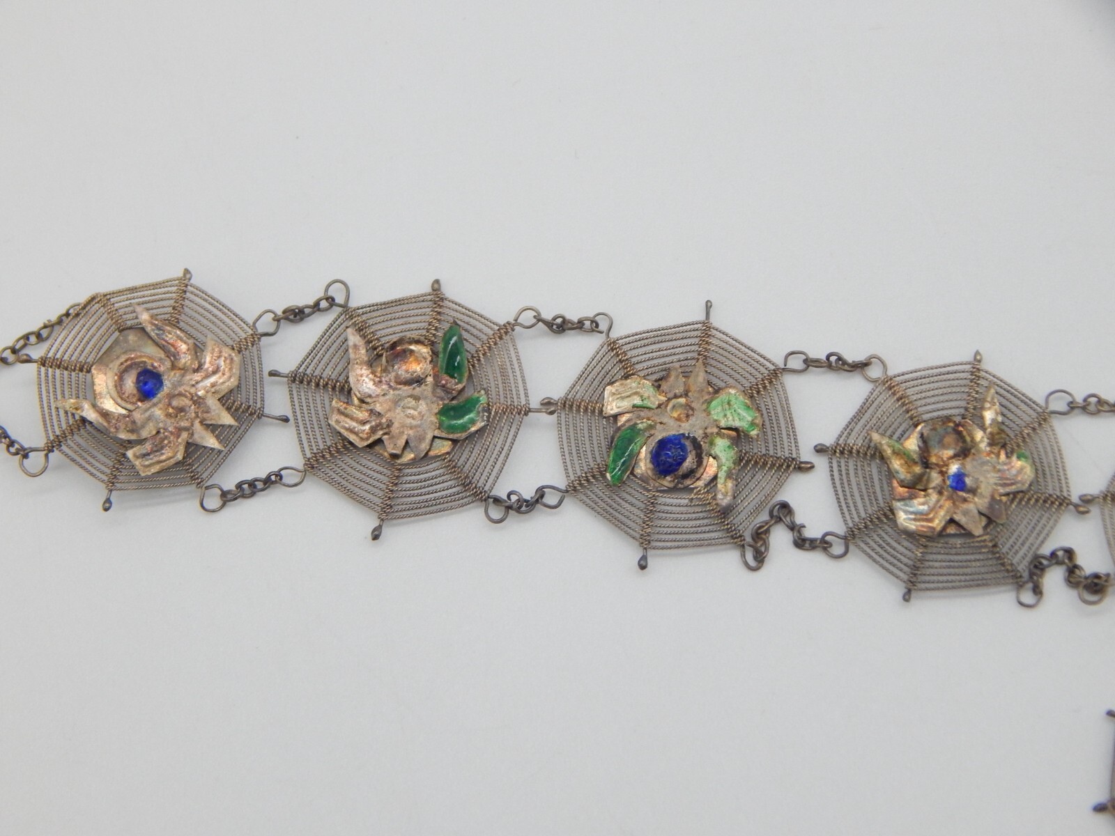 VTG 1940s Asian Silver Spiders on Spider Webs Necklace and Bracelet Set (CF110)