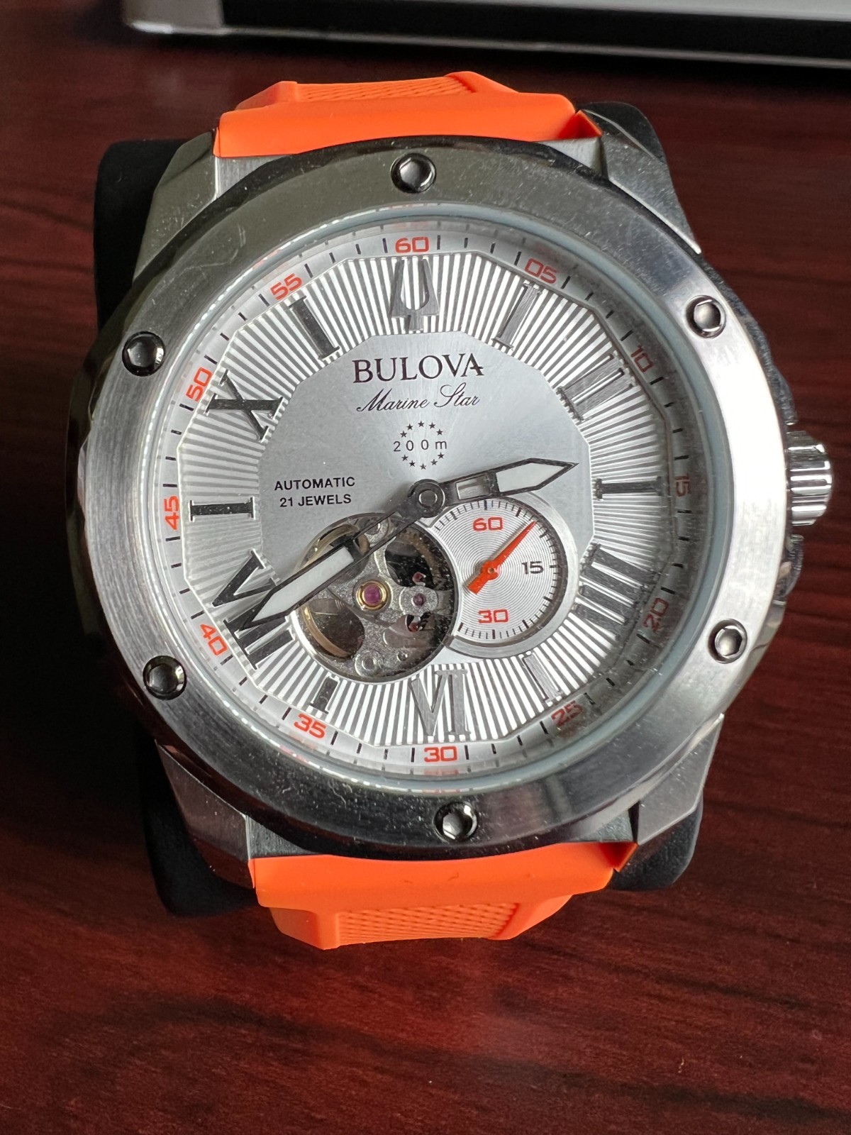 Bulova 98A226 Marine Star Silver Dial Orange Silicon Strap Men’s 45MM Watch