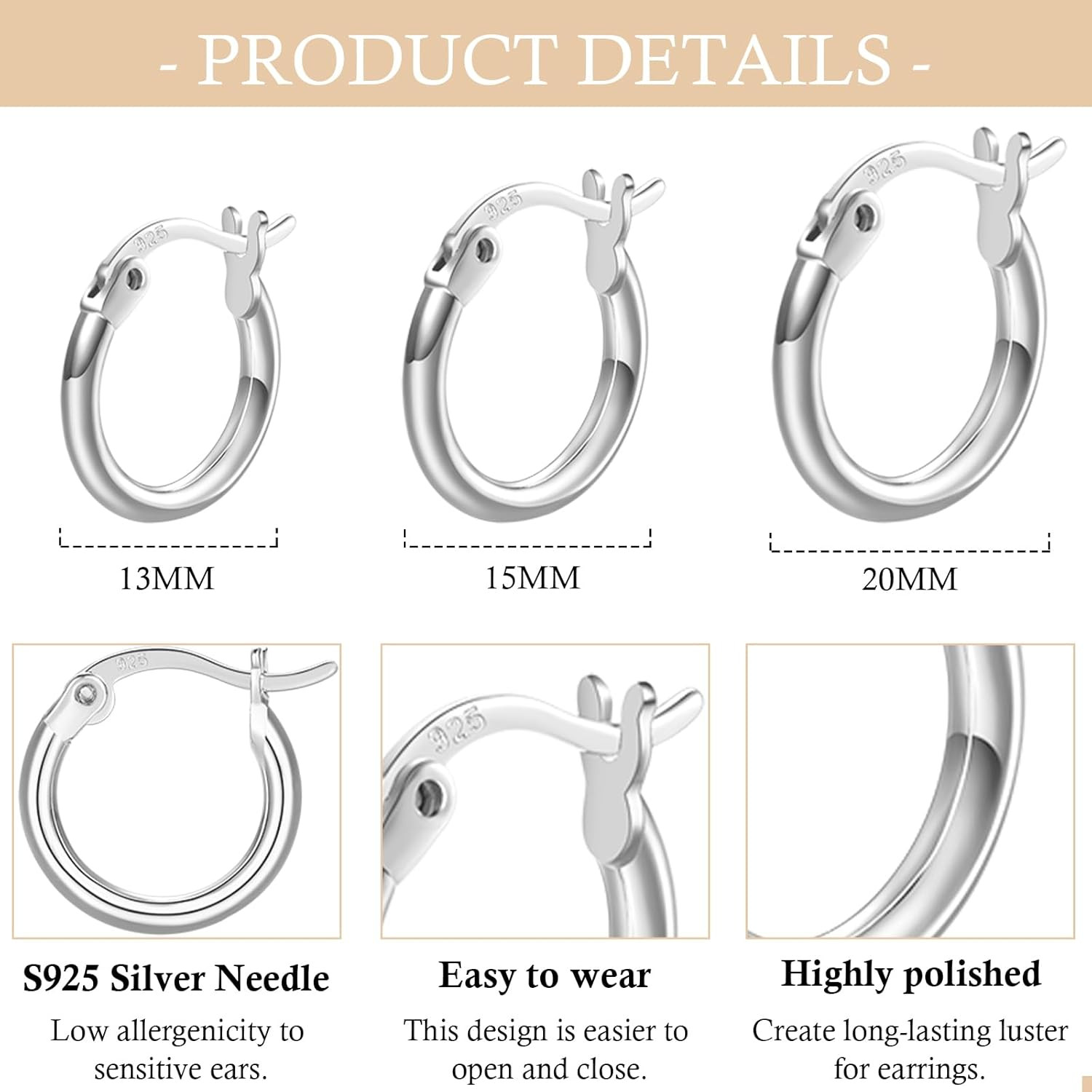 3 Pairs 925 Sterling Silver Hoop Earrings | Small White Gold Plated Hoop Earring