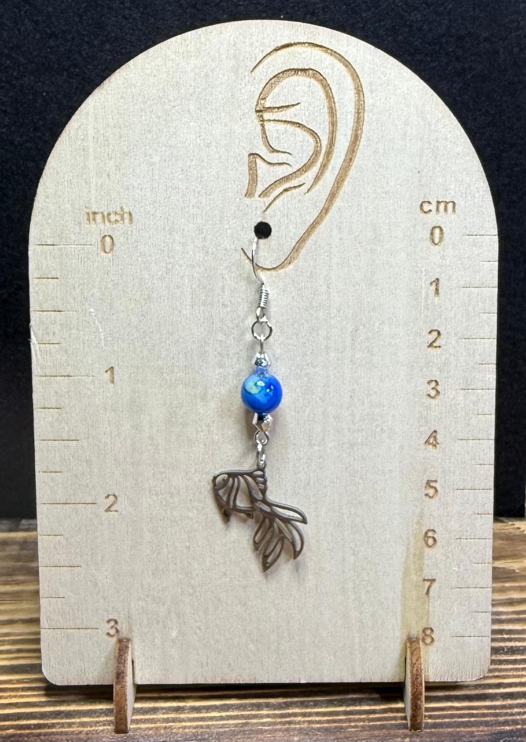 NEW Hollow Stainless Steel Beta Fish Earrings w/ Vivid Blue Beads