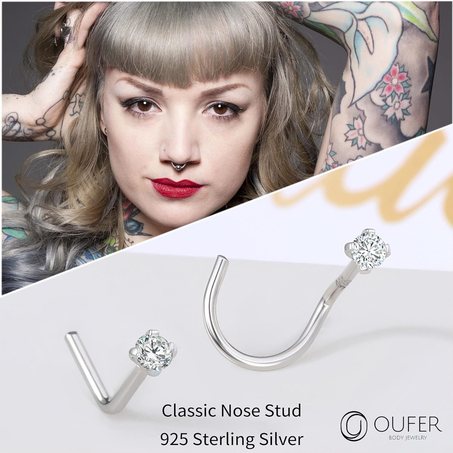 925 Sterling Silver Nose Stud, Bone L Screw Shaped Nose Rings, 20G Nostril Solid