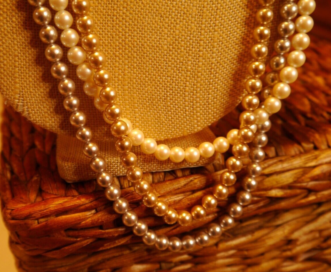 Monet Necklace Faux Pearl Gray Cream Champagne Triple Strand Ornate Box Clasp