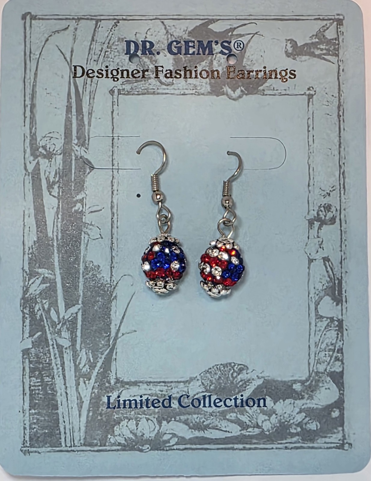 Crystal Ball Dangly Earrings Red White Blue Patriotic Artisan Dr. Gem’s® 1.5″