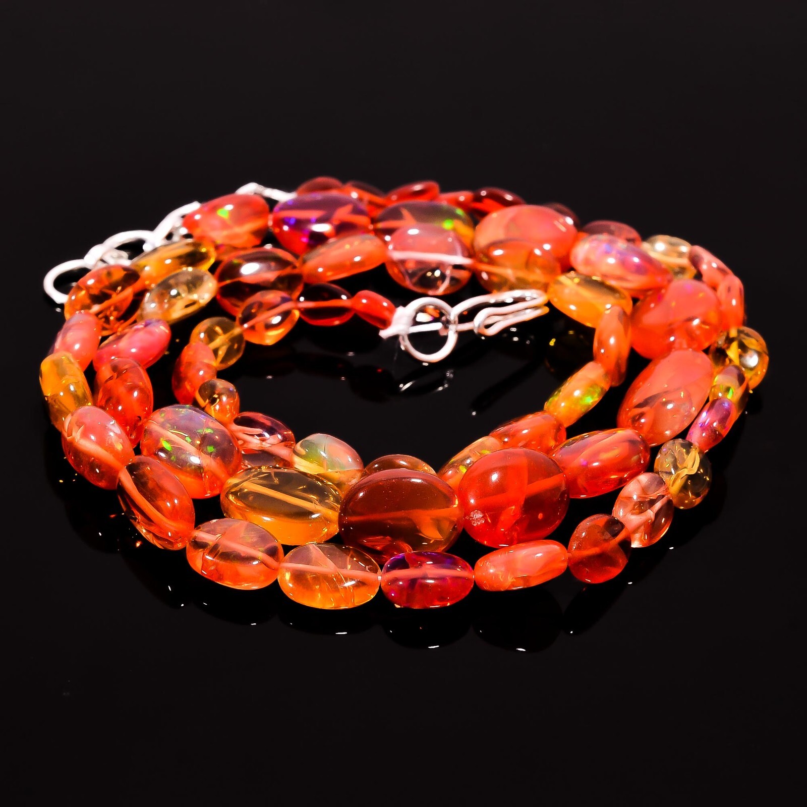 48.45 Ct. Fire Red Ethiopian Opal Oval Smooth Beads Necklace 16.5-17.5″ A-3052