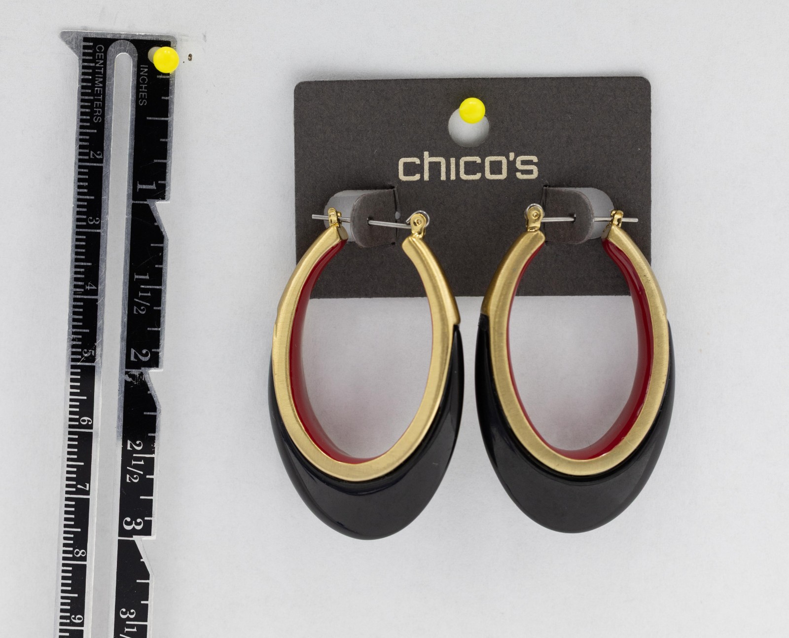 Chico’s black red and gold-tone dangle hoop earrings New