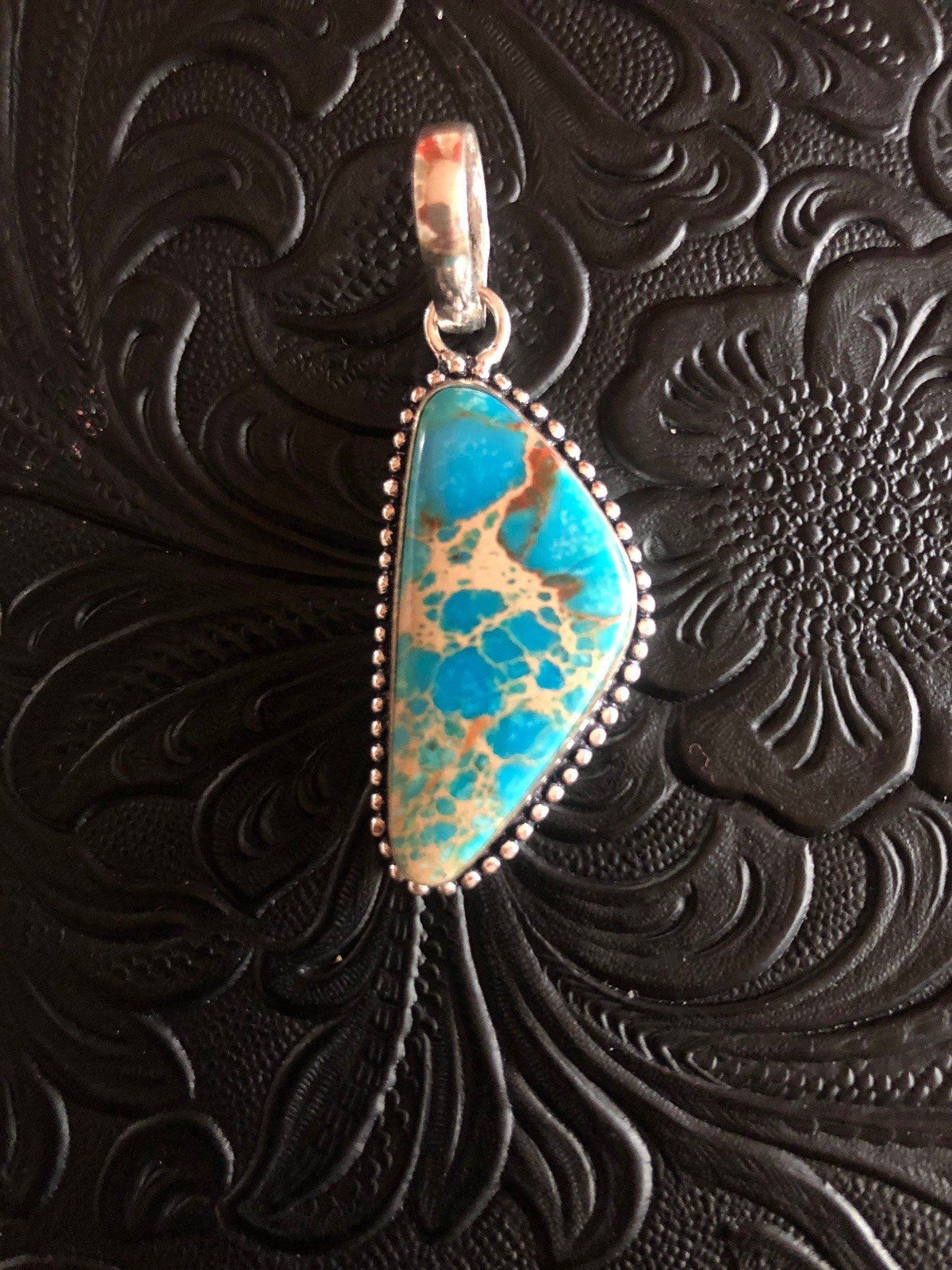 Blue with Brown Yellow Web Matrix Turquoise Pendant 2” Artisan