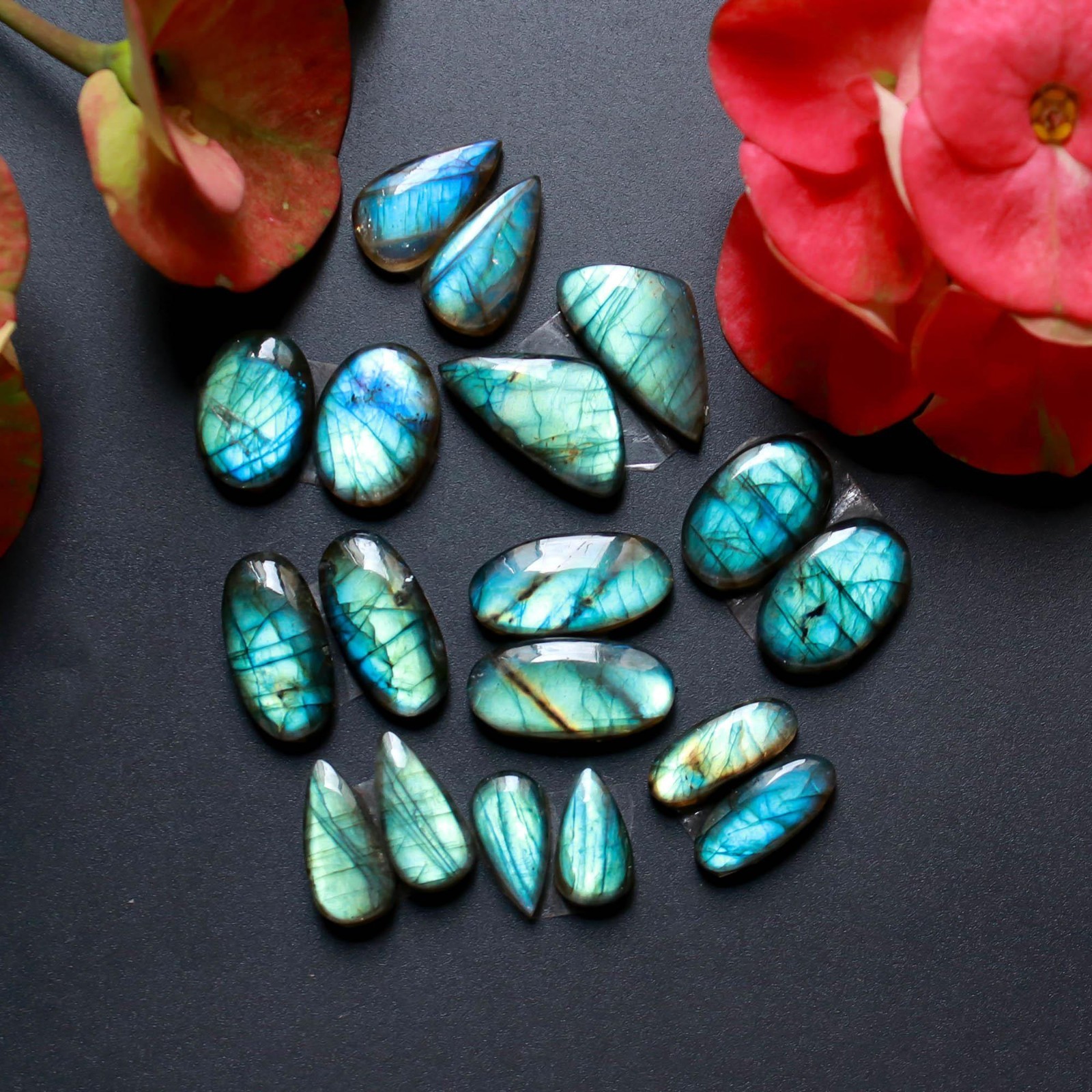 9Pairs 120Ct Natural Labradorite Gemstone Cabochon Pairs Lot 20×10 13x6mm #18478