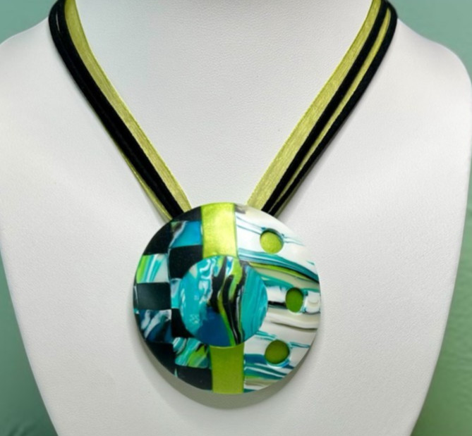Handmade Blue & Green Pattern Large Polymer Clay Pendant Necklace & Earring Set