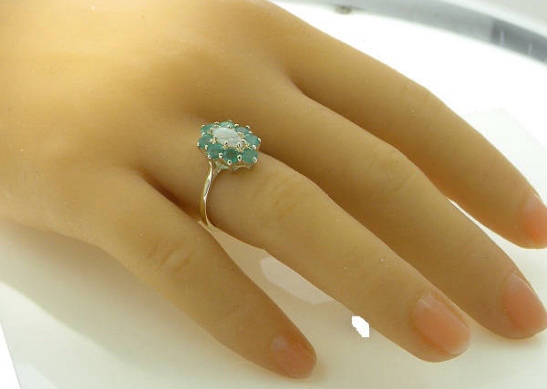 Natural Emerald & White Fiery Opal – English 925 Sterling Silver Ring / Ring