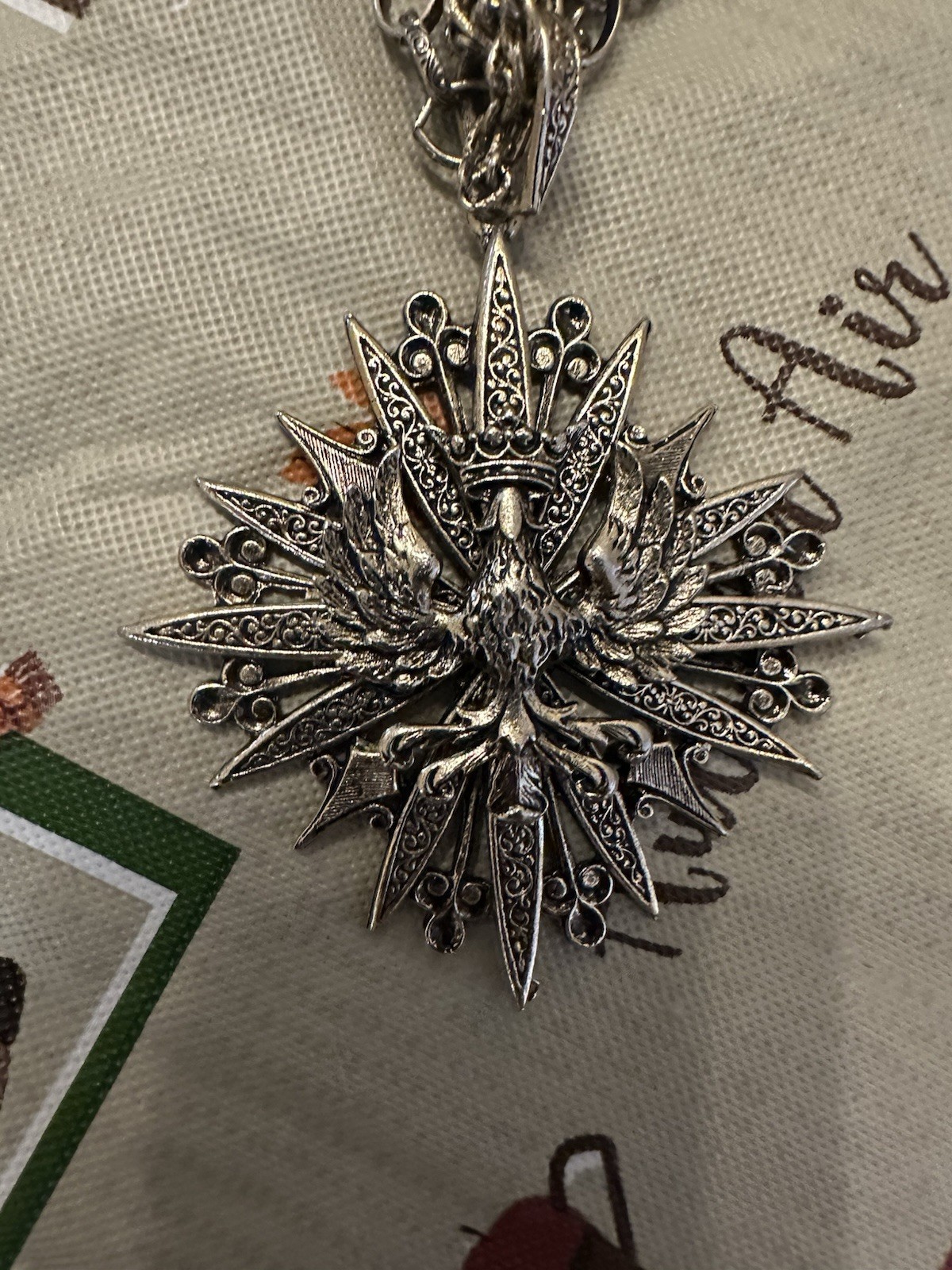 ART Vintage Silvertone Necklace Heraldic Eagle & Crown Pendant 3 Strand Chain