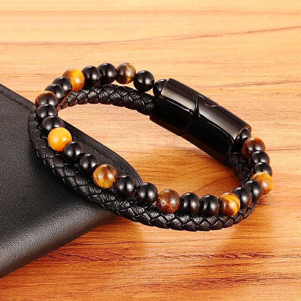 Handmade Obsidian Tiger’s Eye 2 Strands Healing Strength Protection Men Bracelet