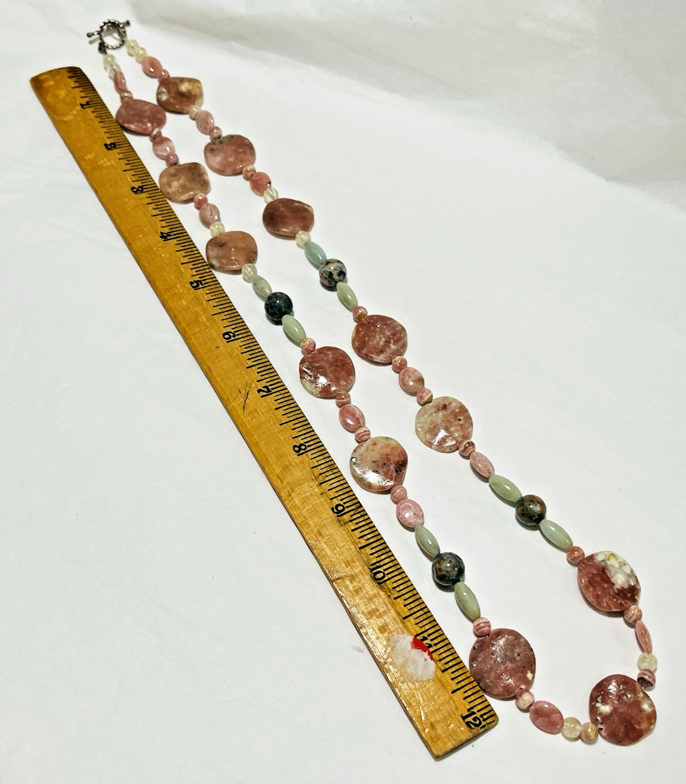 USA Artisan Pink Rhodonite Rippled Disc Bead Necklace 27″ Sterling Toggle Clasp