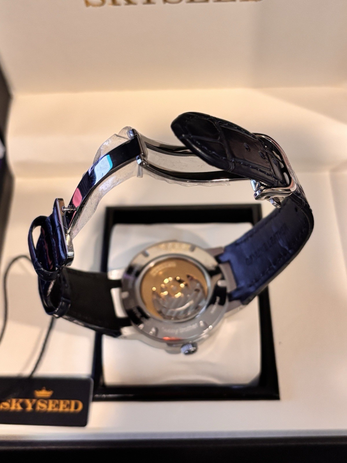 SKYSEED Luxury Blue Dial Diamond Accent Automatic Watch Blue Leather Strap