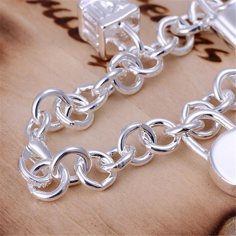 925 Sterling Silver Charm Heart Square Round Lock Necklace Bracelet Set Jewelry