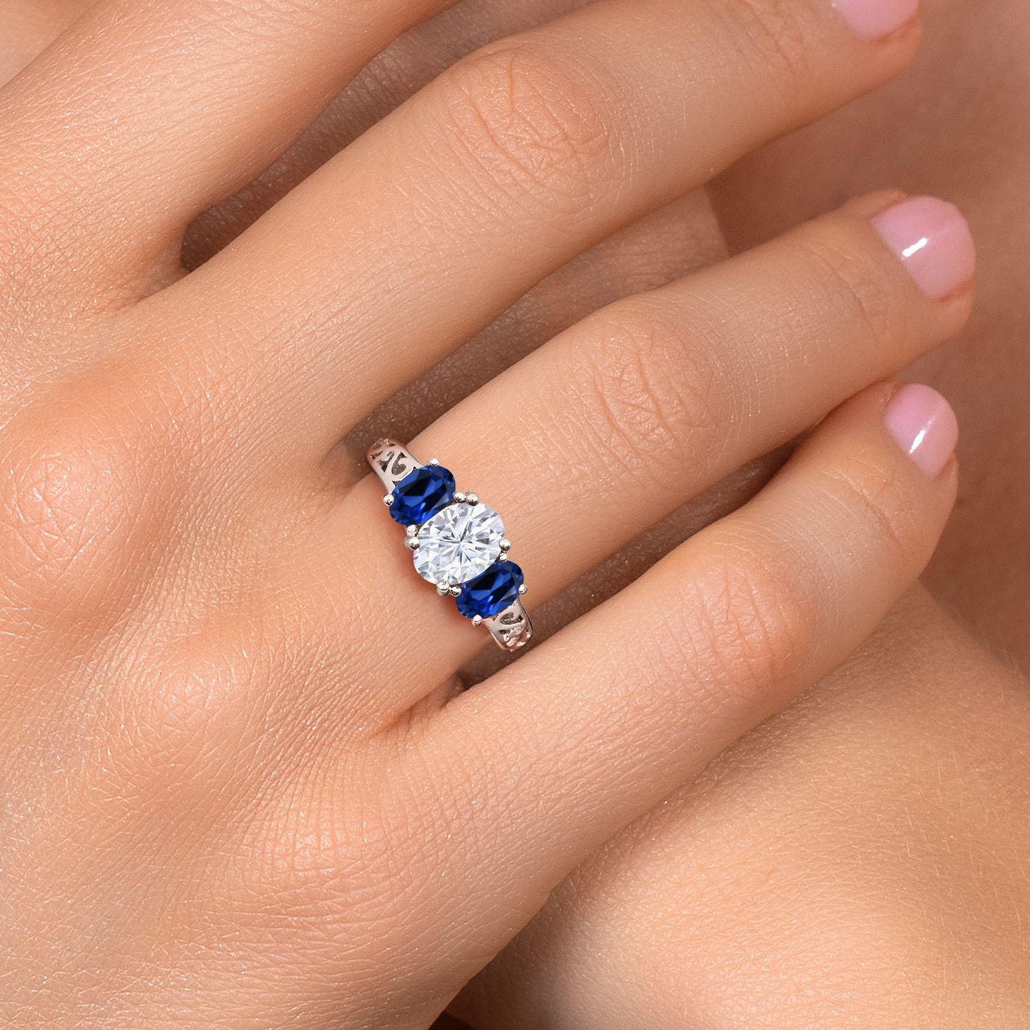 925 Sterling Silver White Moissanite and Created Sapphire Filigree Style 3