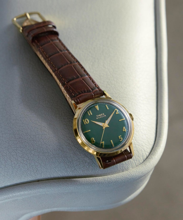 Mens Wristwatch TIMEX MARLIN TW2Y37800 Leather Brown Golden Green Vintage