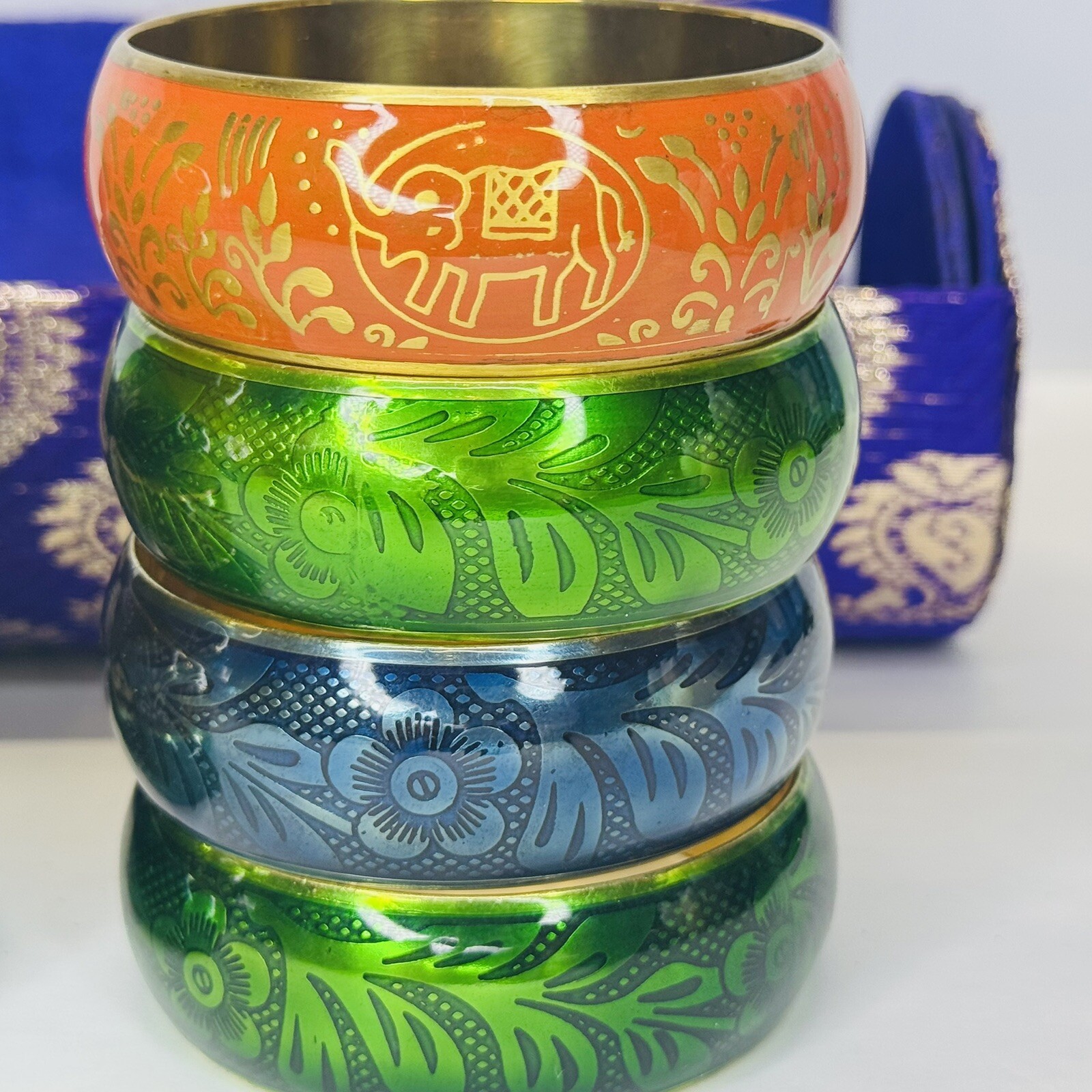 Floral Motif Bangle Bracelets Set of 8 with Case Orange Yellow Blue Green Brown