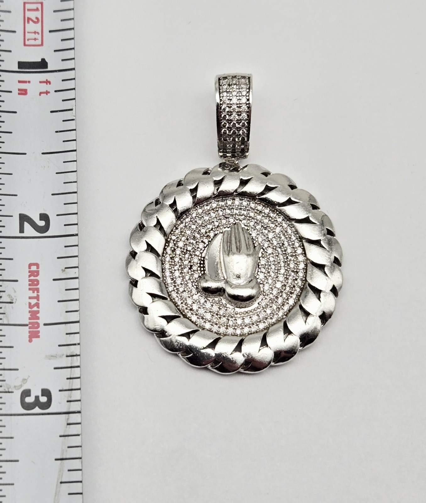 Sterling Silver Praying Hands Pendant – Round Iced Medallion – 10.7g Cuban Link