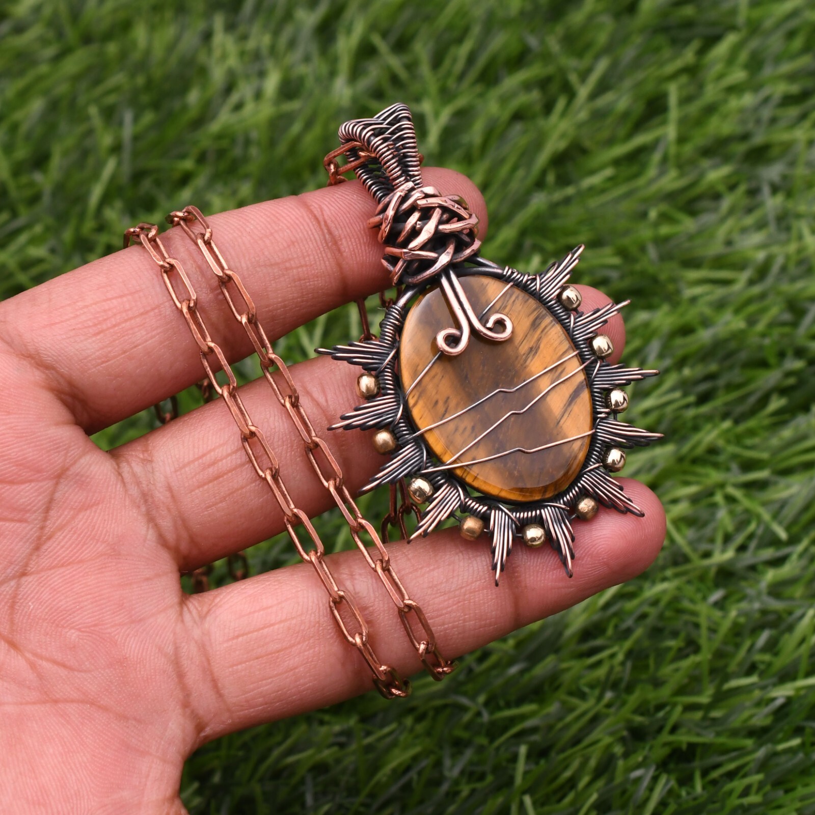 Tiger’s Eye Gemstone Copper Wire Wrap Handmade Jewelry Pendant 2.28″