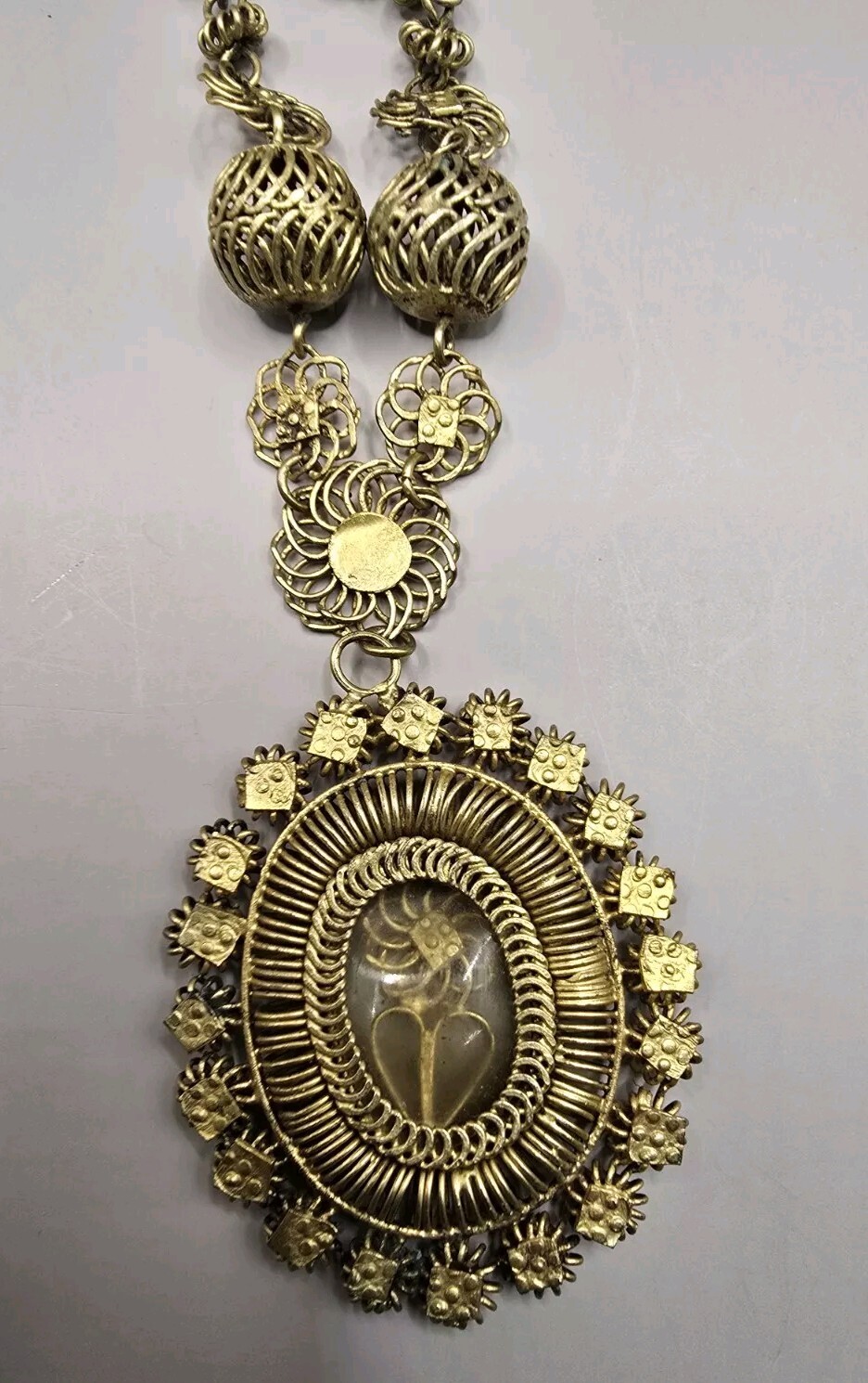 Philippines Tambourine Reliquary Gilt Copper Filigree Pendant Necklace Tamborin