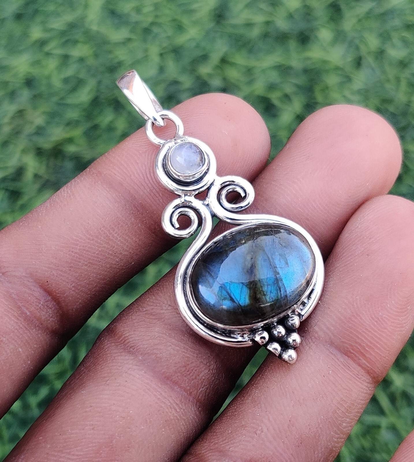 Labradorite& Moonstone Gemstone 925 Sterling Silver Designer Pendent SK2038