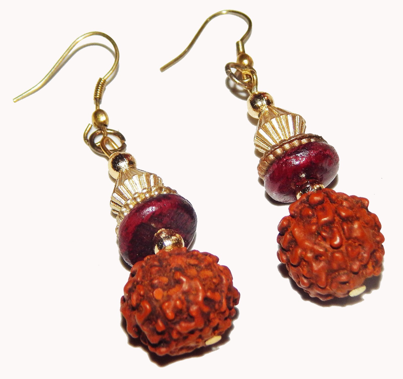 Rudraksh Carving Drop Dangle Gold Plated Handmade Tibetan Earrings Jewelery
