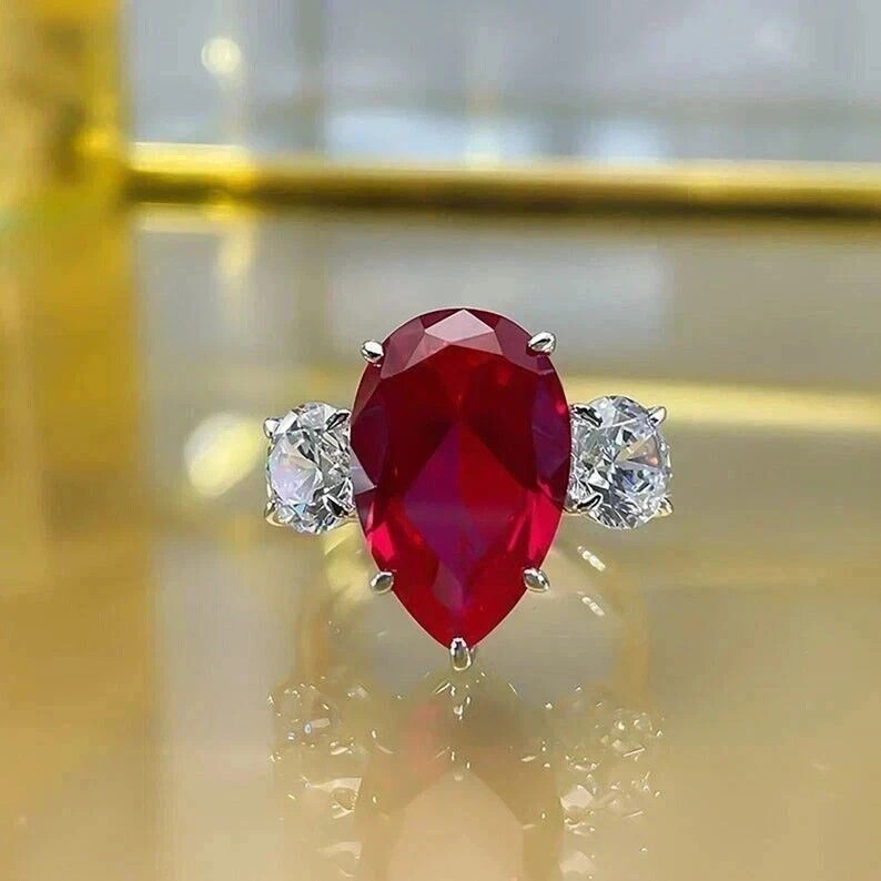 4.90 Ct Pear Cut Natural Red Ruby Diamond Proposal Ring 14K Solid White Gold 7