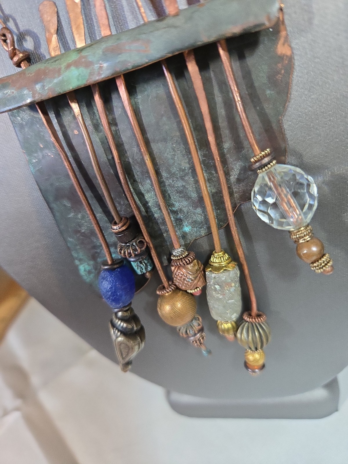 Artisan Made Brutalist Art Deco Necklace Copper Mixed Media Handmade