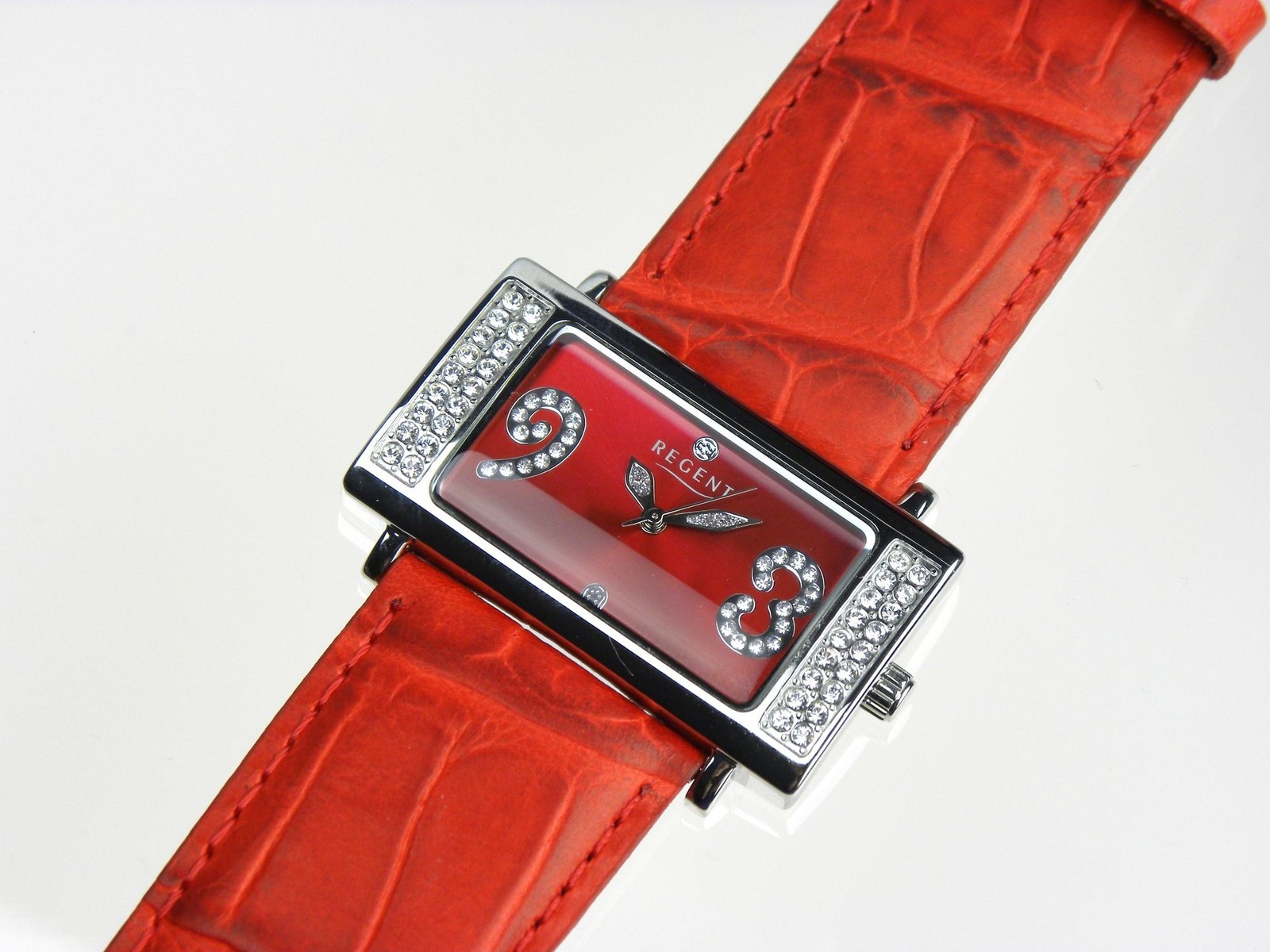 Regent Ladies’ Watch Stainless Steel with Stone Trim Leather Strap Red NEW