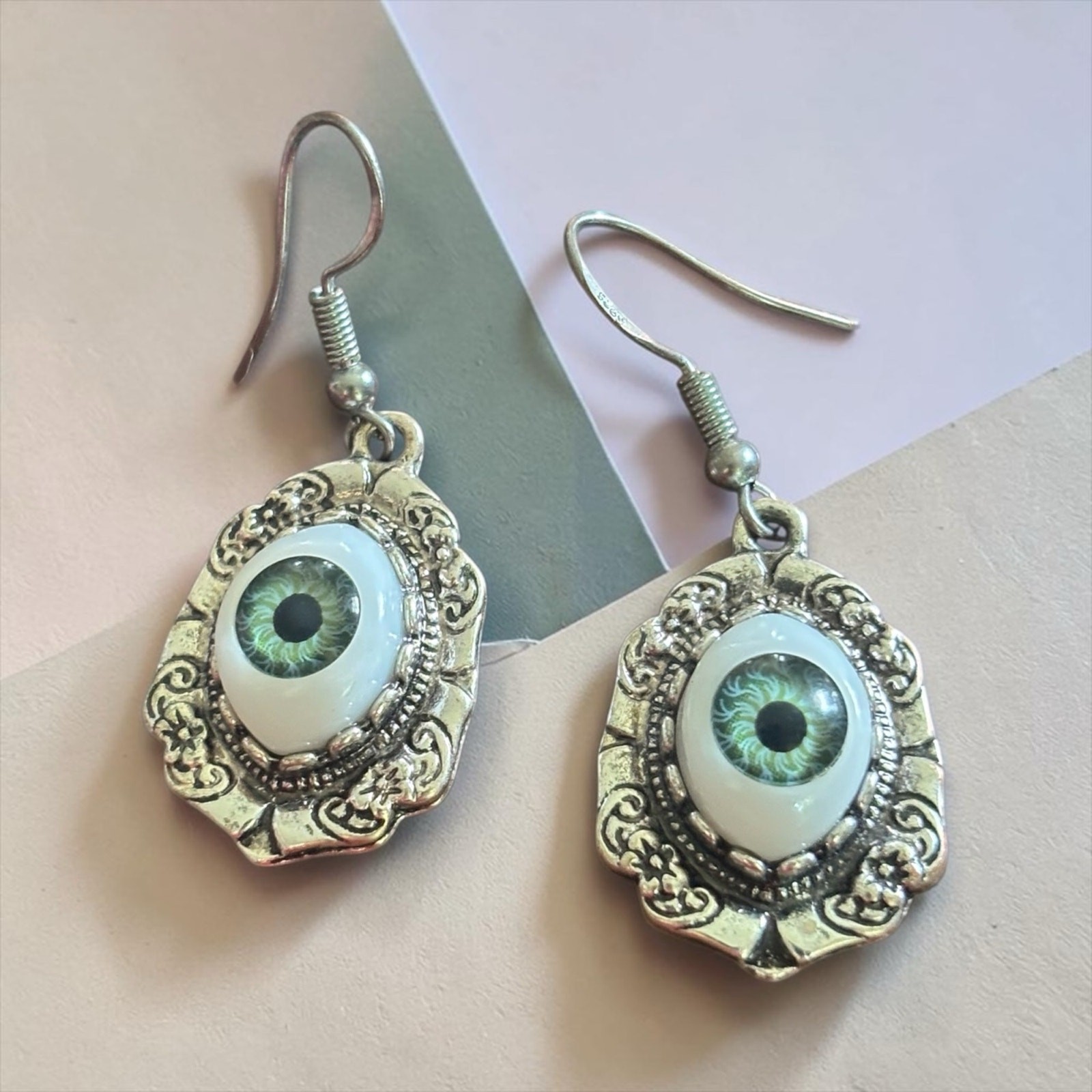 Green Eyeball Drop Earrings Gothic Oddities Creepy Victorian Silver Tone