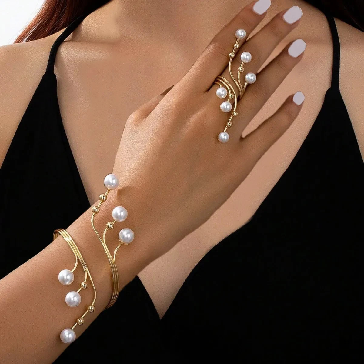 Geometric Imitation Pearl Ring Bracelet Set for Women Girls Fashion Jewelry