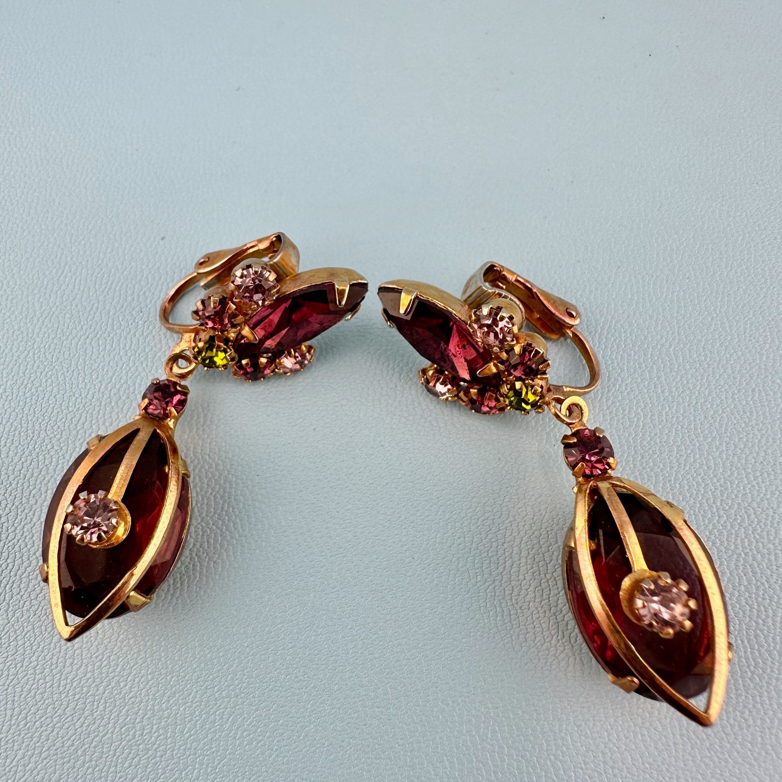 Vintage Purple Rhinestone Dangle Earrings Rose Gold Tone Clip On Prong Set