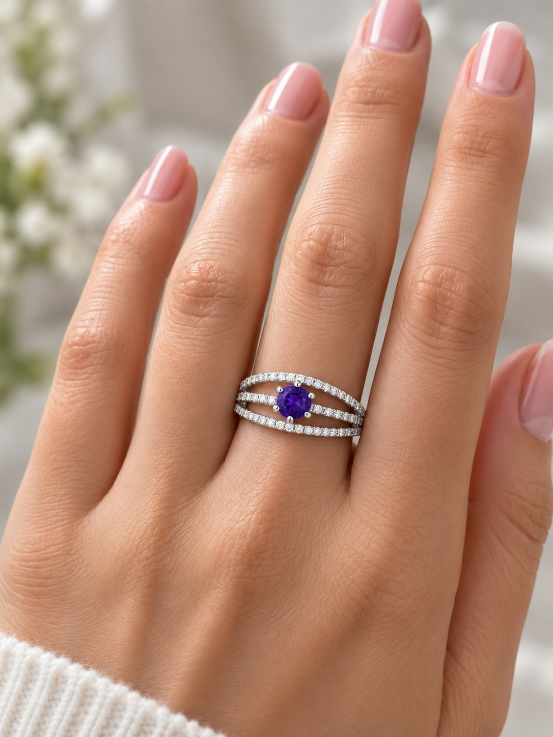 925 Sterling Silver Purple CZ Engagement Ring Split Shank Solitaire Women