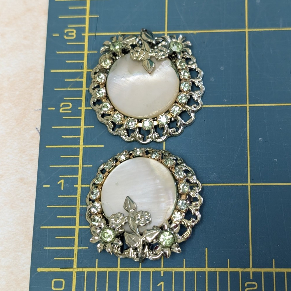AS IS Vintage Silver Tone Round Floral Clip Earrings Mother of Pearl Shell 50s