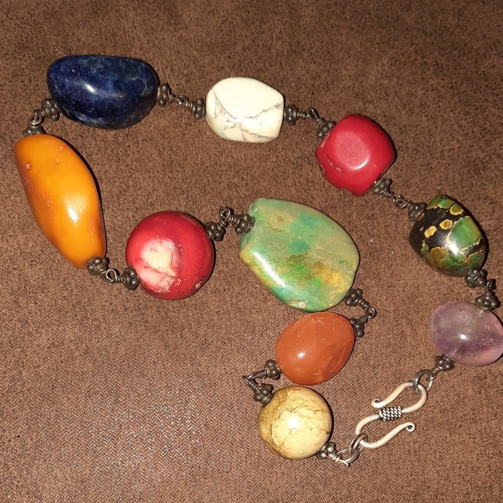 Turquoise coral lapis sterling 925 necklace vintage 15in gemstones Choker