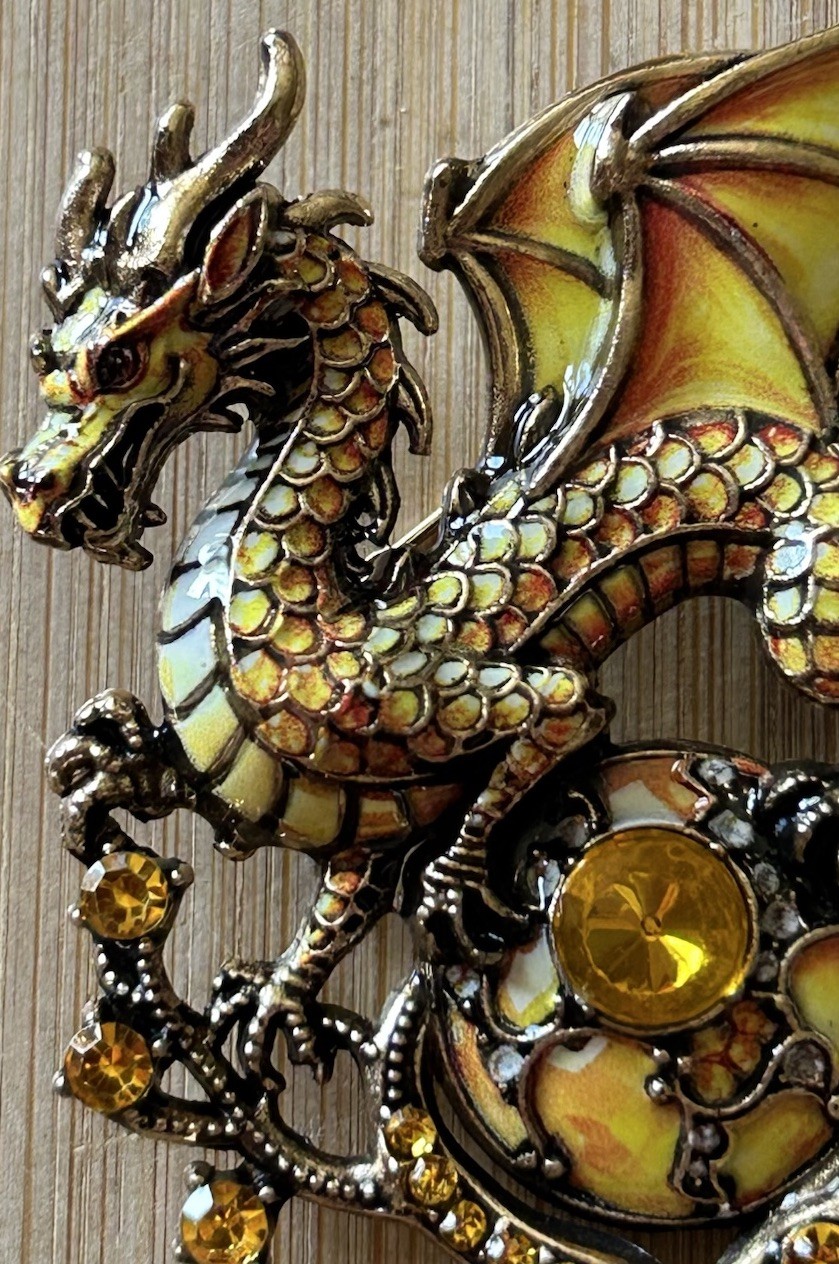 Yellow Crystal Enamel Dragon Magical Crystal Fashion Women Charm Brooch Pin 3.2”