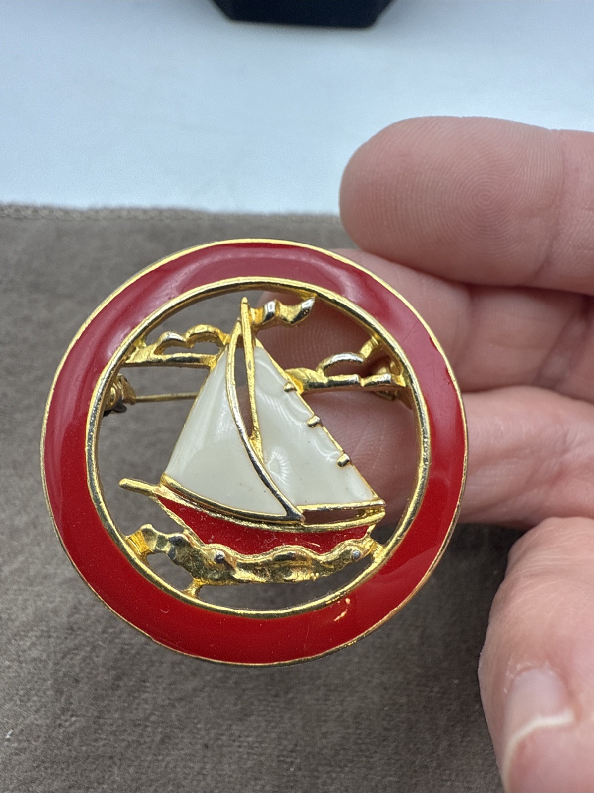 Vintage Red & Cream Enamel Cut Out Nautical Sailboat Boat Brooch Jewelry