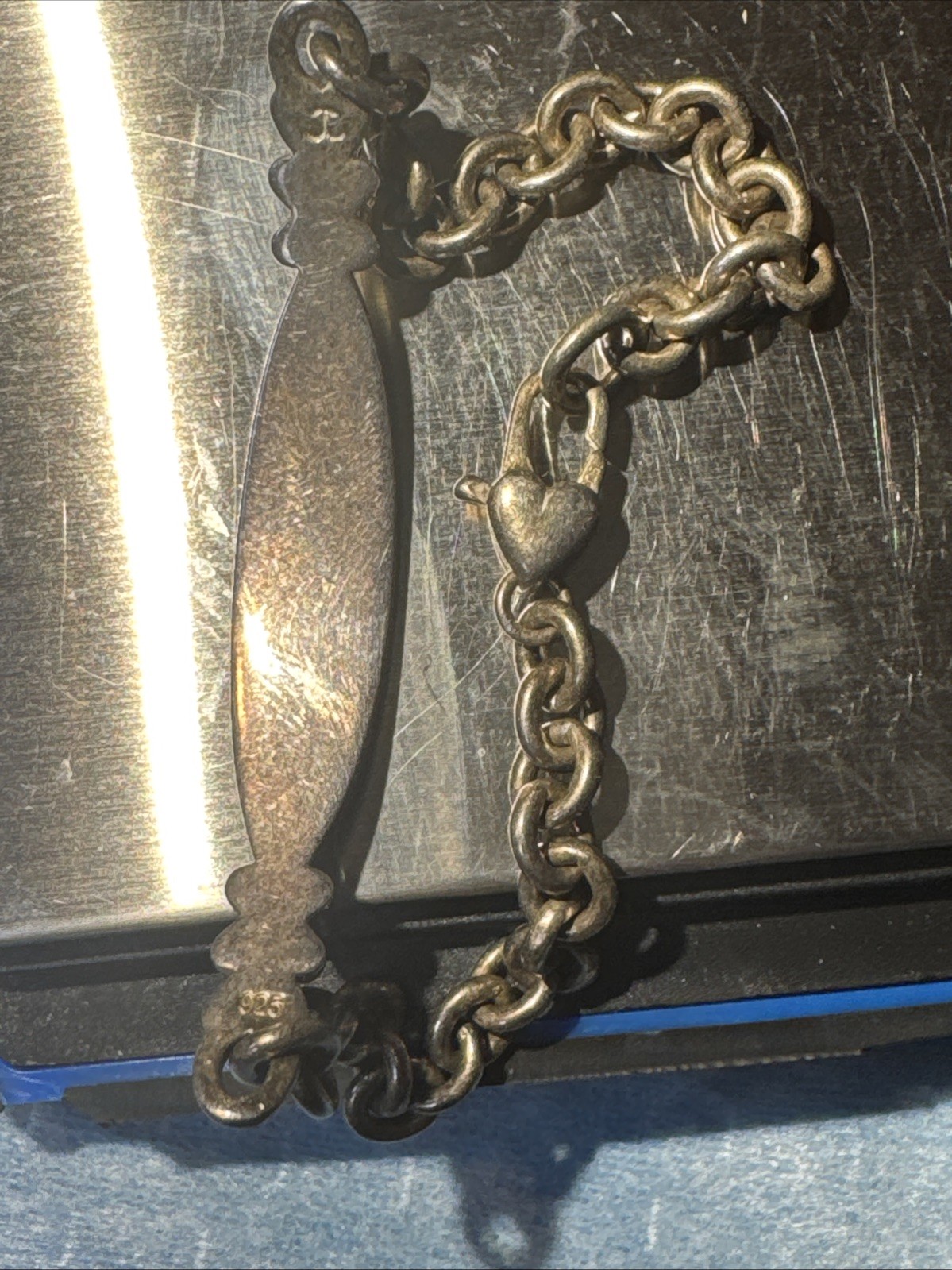 Vintage 925 Sterling Silver Leah Name ID Bar Bracelet Maker Marked J Heart Clasp