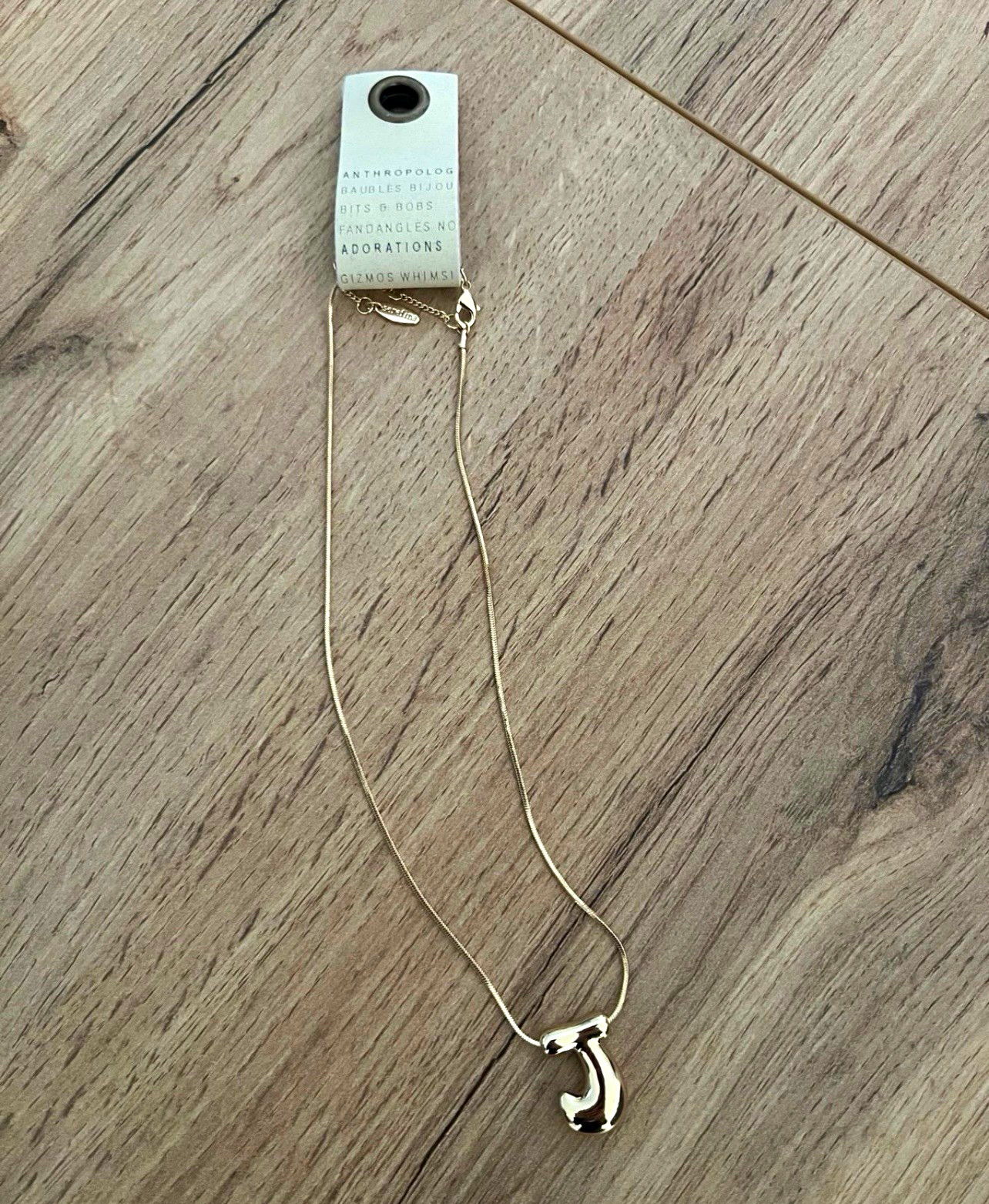 Anthropologie Bubble Letter Monogram Necklace Initial J Gold Tone Snake Chain