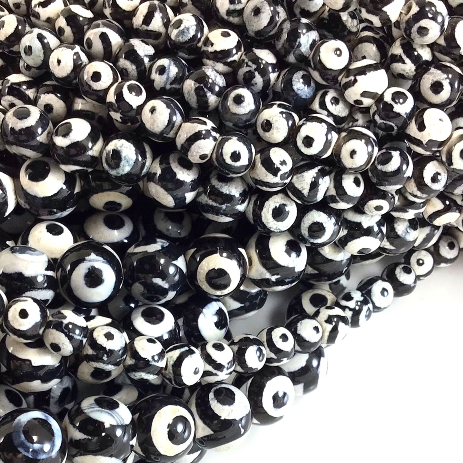 Evil Eye Dzi Black White Tibetan DZI Agate Smooth Round Beads 15″ 6mm 8mm 10mm